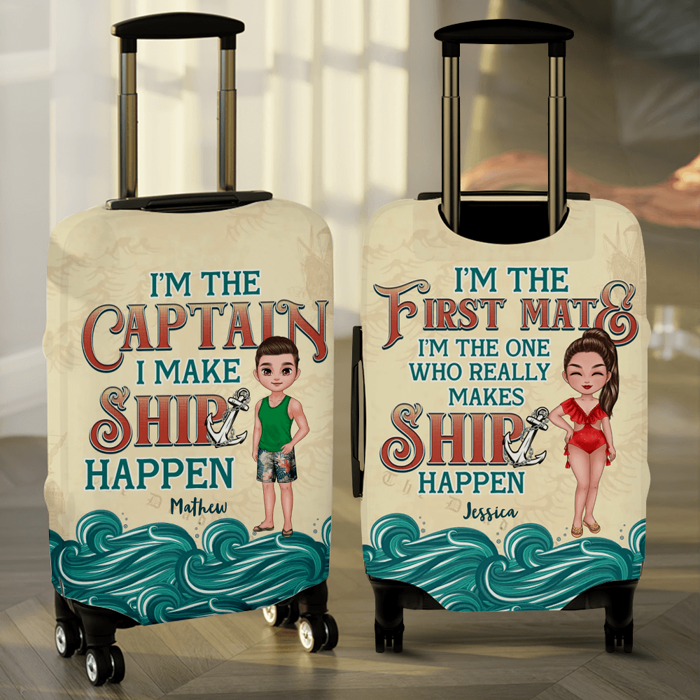 A couple embracing each other with a personalized luggage cover, ready to embark on a journey filled with love and adventure.