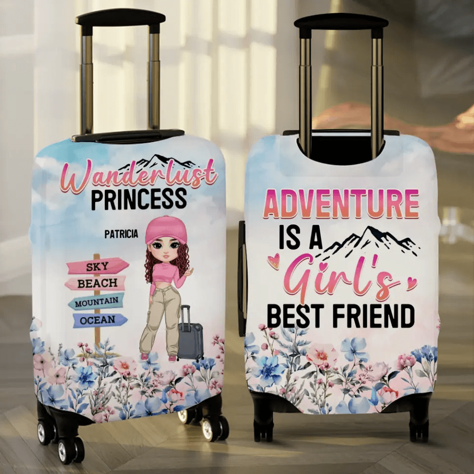 Protect your luggage in style with a personalized adventure-themed cover - a girl's best friend for travel and love-filled adventures!